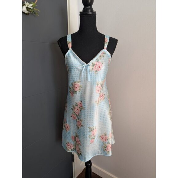 Morgan Taylor Intimates Blue Gingham and Rose Print Chemise Nightgown - Small - Picture 1 of 8